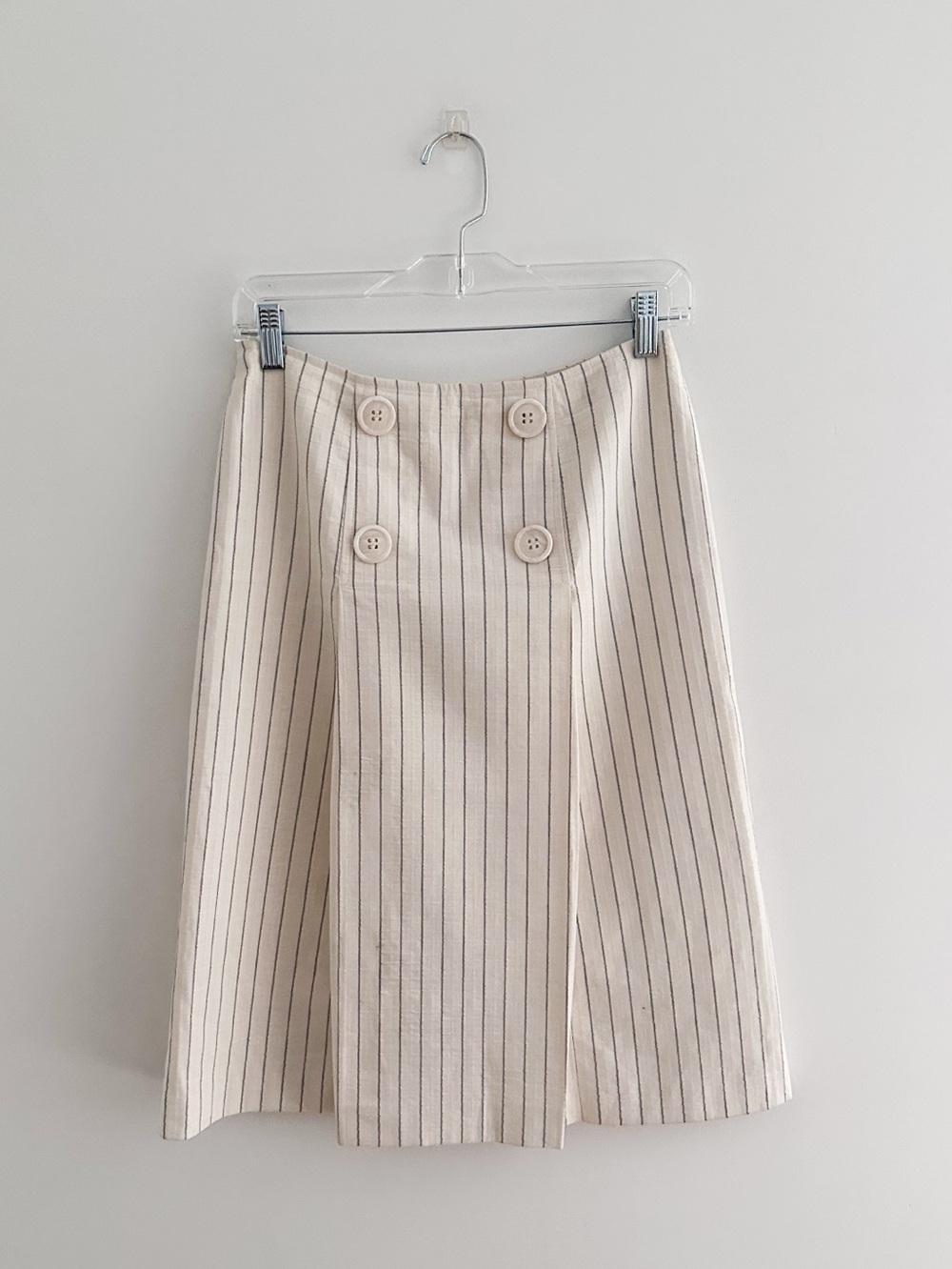 Lafayette 148 Linen Blend Pinstriped Skirt Cream Gray A-Line Button Front Size 2